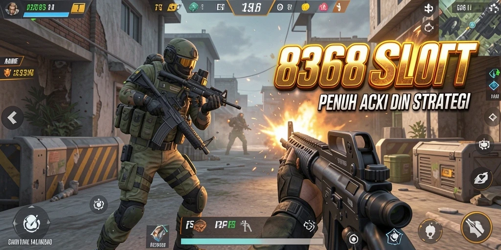 Screenshot menampilkan pertempuran intens dalam game FPS 8368SLOT.