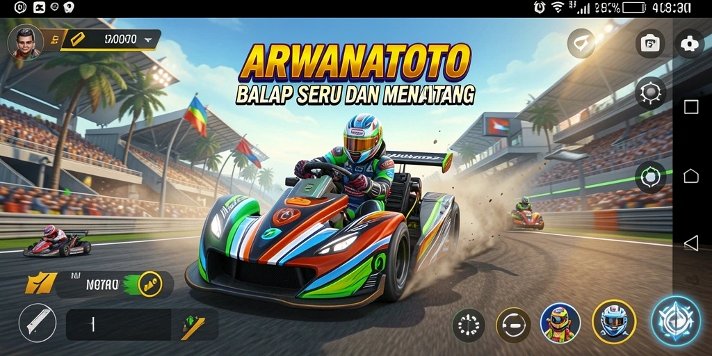Gameplay balap seru dalam ARWANATOTO dengan kendaraan berkecepatan tinggi.