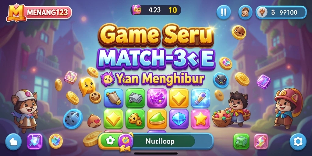 Tampilan gameplay seru MENANG123 dengan level match-3 yang menantang.