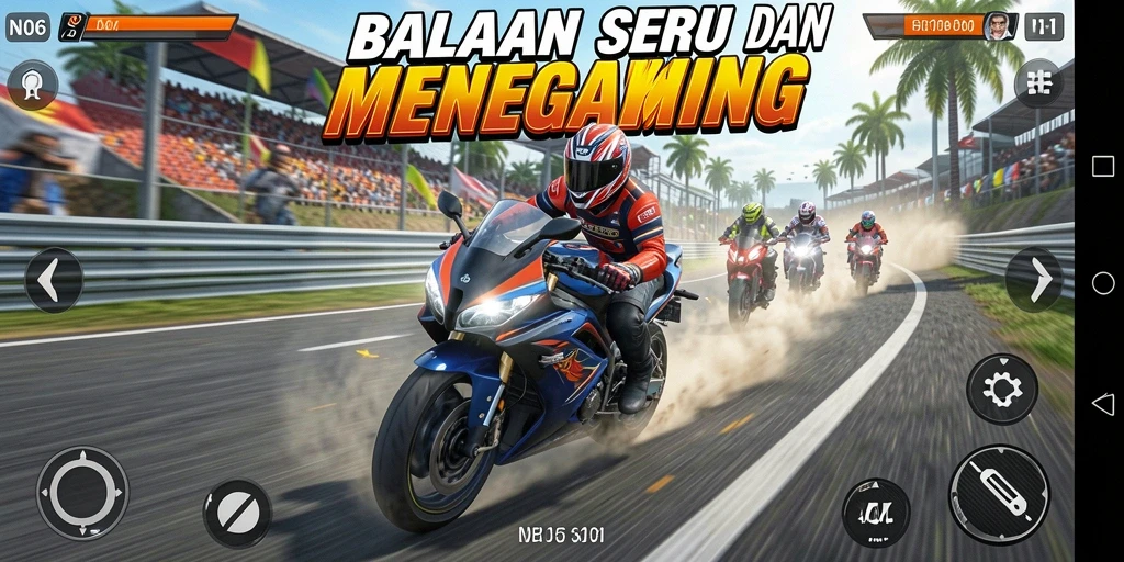 Screenshot gameplay N06 menampilkan balapan motor yang menegangkan.