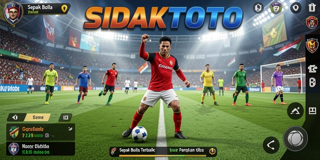 Screenshot gameplay SIDAKTOTO menampilkan aksi seru di lapangan sepak bola.